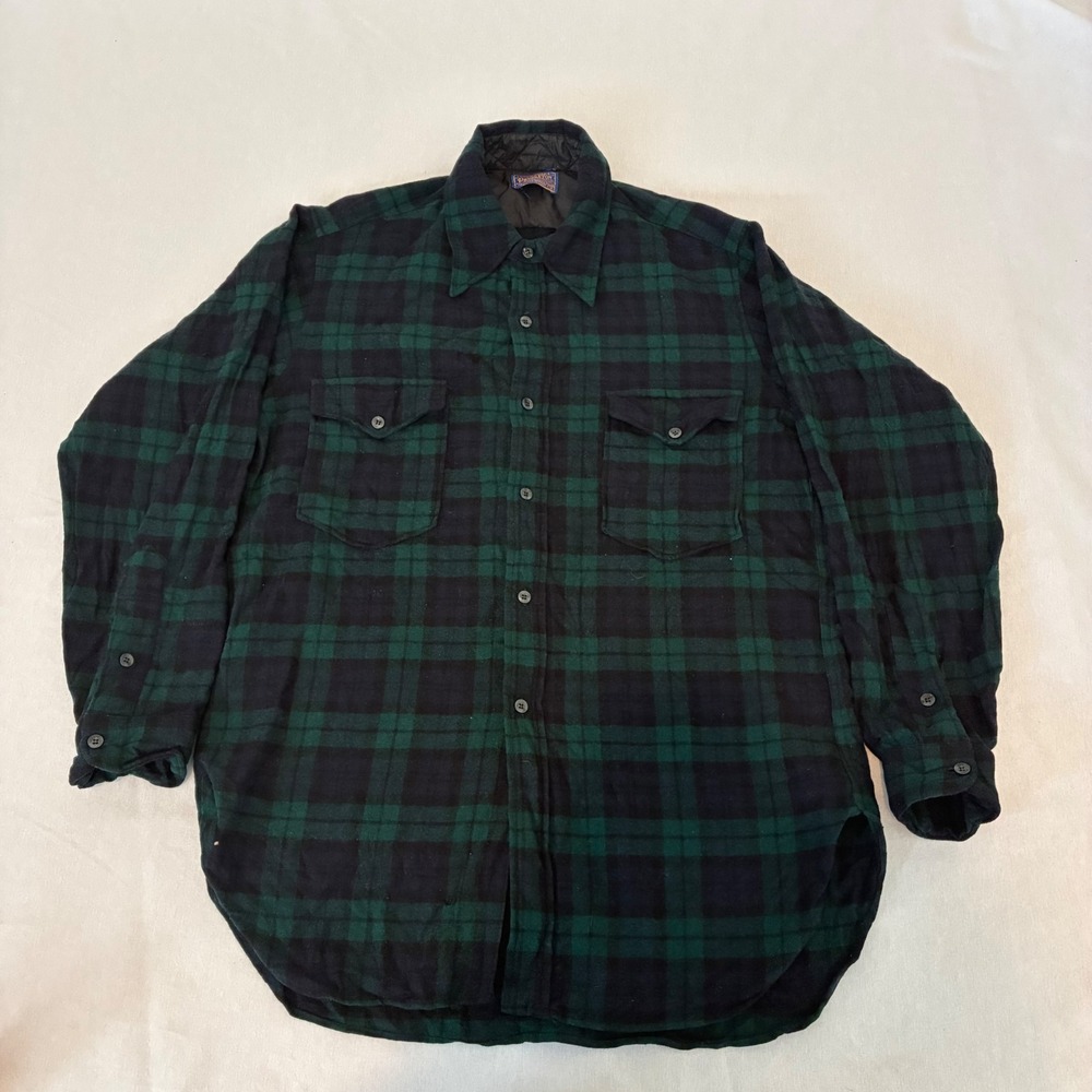 VTG Pendleton Flannel Field Shirt Mens L Green Black Watch Tartan Plaid Wool